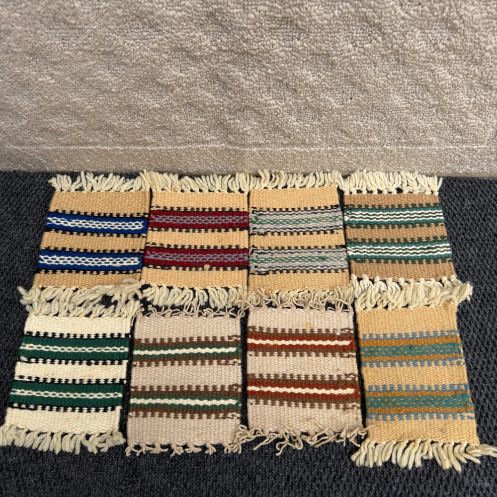 Vintage Southwestern Hand Woven Wool Coasters Set of 8 Mini Rugs Fringed Boho